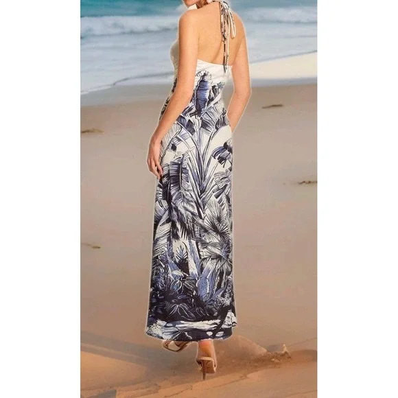 Commense Halter Maxi Dress Size Small Strapless Tie Blue White Floral Summer NWT - Picture 2 of 9